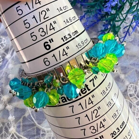 Vintage Green & Blue Acrylic Bead Watchband Chacha Bangle - Picture 6 of 8